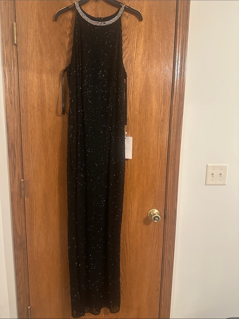 NWT- Mac Duggal Black Beaded Halter Maxi Gown